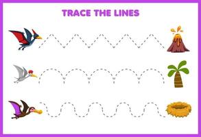 educatief spel voor kinderen handschriftoefening traceer de lijnen bewegen schattige cartoon prehistorische vliegende dinosaurus vector