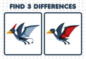 educatief spel voor kinderen vind drie verschillen tussen twee schattige prehistorische dinosaurus pteranodon vector