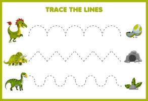 educatief spel voor kinderen handschriftoefening traceer de lijnen bewegen schattige cartoon prehistorische groene dinosaurus vector