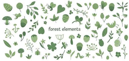 vector set van schattige platte bos insecten en planten. bos elementen collectie. mooi kinderachtig ontwerp voor briefpapier, textiel, behang. monochrome groene kleur.
