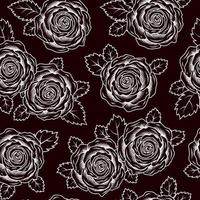 naadloze patroon met weelderige bloeiende vintage rozen met bladeren op donkere achtergrond. uitzicht van boven. zwart-wit vectorillustratie, wit op zwart. gravure stijl vector