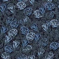 camouflagepatroon met weelderige bloeiende blauwe rozen, grijze bladeren, ronde halftoonvormen. dichte compositie met overlappende elementen. goed voor vrouwelijke kleding, stof, textiel, sportartikelen. vector