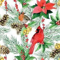 aquarel naadloos patroon voor Kerstmis, Nieuwjaar. traditionele print met wintervogels, rode bessen en groene bladeren van hulst, kerstster, sparren takken en kegels vector