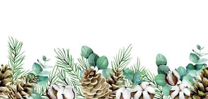 aquarel naadloze grens rond het thema winter, kerstmis, nieuwjaar. eucalyptusbladeren, katoenbloemen, dennentakken en kegels. vintage boho-afdruk vector