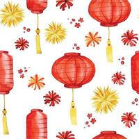 aquarel naadloze patroon. Chinees Nieuwjaar. rode en gouden chinese lantaarns, saluutschoten, vuurwerk. leuke vakantie print vector