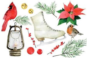 aquarel kerst, winter set. winter vogels, schaatsen, klokken, dennentakken geïsoleerd op een witte achtergrond. vintage nieuwjaar, kerstset vector