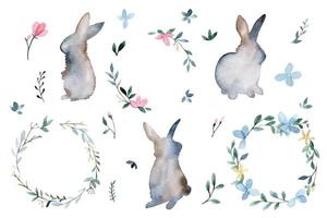 aquarel tekening. set elementen rond het thema Pasen, lente. hazen, konijnen kransen van bloemen en bladeren. minimalistische Scandinavische stijl. dierenomtrek met aquarelvlek vector