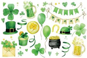 aquarel tekening. grote reeks schattige illustraties voor st patrick's day. groene elementen, vlaggen, klavertje vier, bier, ballen en groeten vector