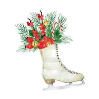 aquarel tekening. kerstcompositie met kerstplanten, vintage schaatsen, poinzeta, rode bessen, dennentakken en kegels. vector