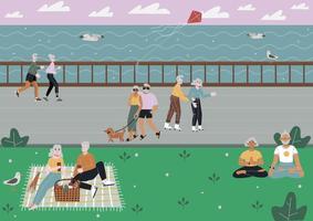 oudere echtparen brengen tijd door op een dijk. oude stellen zijn aan het rolschaatsen, wandelen met een hond, hardlopen, yoga doen, picknicken. platte vectorillustratie. vector