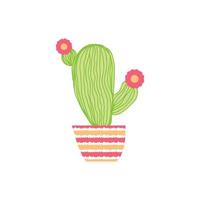 doodle schattige bloeiende cactus in een gestreepte pot. vector