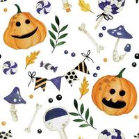 aquarel naadloos patroon op het thema van halloween. kinderprint met schattige pompoenen, paddenstoelen en oranje en paarse snoepjes. geen witte achtergrond vector