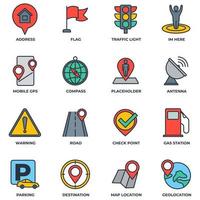 set van navigatie locatie pictogram logo vectorillustratie. locatie pack symbool sjabloon. adres, vlag, verkeerslicht, waarschuwing, weg en meer voor grafische en webdesigncollectie vector