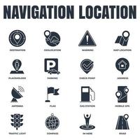 set van navigatie locatie pictogram logo vectorillustratie. locatie pack symbool sjabloon. adres, vlag, verkeerslicht, waarschuwing, weg en meer voor grafische en webdesigncollectie vector