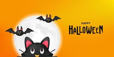 gelukkig halloween met 3d schattige kat met maan en vleermuisillustratie met gele achtergrond vector
