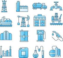set van vector iconen gerelateerd aan de olie-industrie. bevat pictogrammen zoals benzinestation, chemische analyse, elektriciteitscentrale en meer.