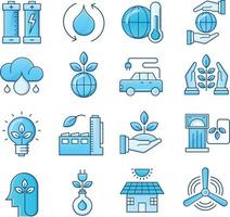 set van vector iconen gerelateerd aan ecologie. bevat iconen als elektrisch vervoer, ecohuis, schone energie en meer.