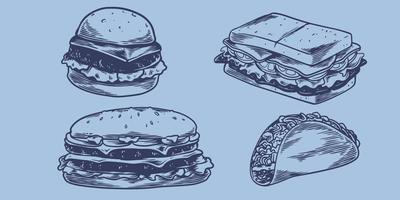 hand tekenen fastfood van sandwiches, twee hamburgers, hotdogs, kebab vector