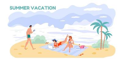 platte stripfiguur surfen op internet op reisvakantie, vectorillustratieconcept vector