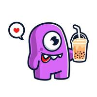 schattig eenoogmonster stripfiguur die bubbelthee drinkt vector