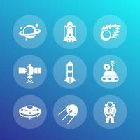 ruimte iconen set, satelliet, astronaut, ruimtesonde, shuttle, ruimteschip, raket, meteoor, asteroïde, planeet, ufo, vectorillustratie vector