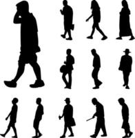 man en vrouw lopen silhouetten vector set, pictogram mensen promenade op witte achtergrond