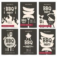 barbecue party banner of uitnodiging voor cookout picknick, vakantie of weekend. BBQ-feestposter of flyer in beige, zwarte en rode kleuren met grillen van vlees, worstjes op een vork, vlam, houtskoolrook. vector