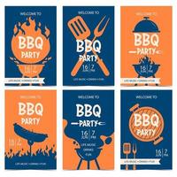 BBQ-partij spandoek of poster ontwerpsjabloon voor buiten koken vakantie of picknick. uitnodiging voor barbecuefeest of flyer in blauwe en oranje kleuren met grill, vlam, houtskoolrook, worst op een vork.