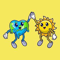 schattige zon cartoon met aarde cartoon high five vector