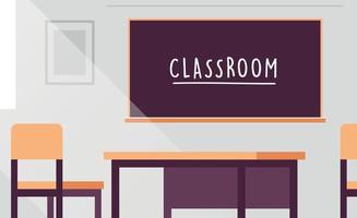 modern klaslokaal interieur en leeg geen mensen schoolklaslokaal met bord en bureaus platte vectorillustratie. vector