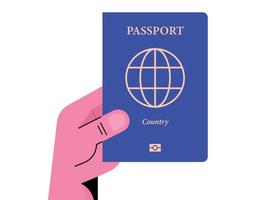 menselijke hand met internationaal paspoort en reisidentiteit platte vectorillustratie. vector