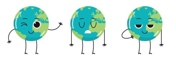 schattige aarde tekens verschillende emoties en cartoon mascotte globe collectie set platte vectorillustratie. vector