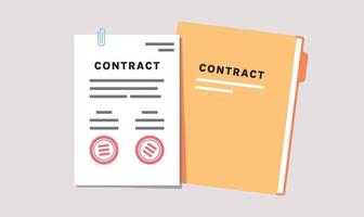 contract sluiten overeenkomst met papier en digitale handtekening stempel platte vectorillustratie. vector
