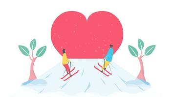 romantisch paar bergopwaarts skiën naar hart vector