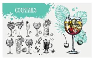 cocktailmenu ontwerpsjabloon. alcoholische cocktails met de hand getekend. vector