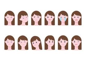schattig meisje gezicht emotie expressies, portret van vrouwen hoofd avatar. kappen van blij, verdrietig, woede, huilen, vreugde, plezier, ontspannen. vector cartoon afbeelding voor cosmetica.