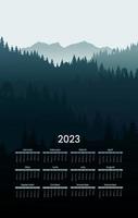 poster van een kalender voor 2023 jaar. berg boslandschap silhouet, mist of mist in het bos. reizen concept maandelijkse planner sjabloon. afdrukbaar ontwerp. dagelijkse planning voor kantoor. vector