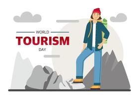 wereldtoerisme dag banner voor de vakantie. een mannelijke reiziger houdt zich bezig met wandelen, wandelen met een rugzak, een toerist in de bergen Vectorbeelden vector