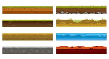 naadloze aardoppervlak. groen graslandlandschap, zandwoestijn en zeewaterstrand. bodemlagen textuur voor game level design, geïsoleerde cartoon vector stof set.