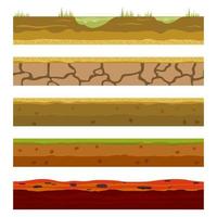 bodem, aarde en ondergrondse lagen, cartoon naadloze spelniveaus. vectordwarsdoorsnedemening van natuurlijke aardetextuur met modder, kiezelstenen, groen gras en water vector