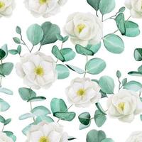 naadloze patroon met aquarel bloemen. patroon met witte bloemen van wilde roos en eucalyptus bladeren op een witte achtergrond. aquarel hand tekenen, achtergrond voor stof, behang, textiel vector