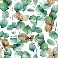 aquarel naadloos patroon met groene eucalyptusbladeren en droge hortensia bloemen. vintage print op het thema van de herfst. voor stof, behang, verpakking. groene en blauwe eucalyptusbladeren op wit vector