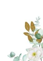 aquareltekening, frame van eucalyptusbladeren en witte rozenbottelbloemen met gouden sprankelende bladeren. vintage bloem vignet met glitter glanzende elementen voor decoratie van bruiloften, uitnodigingen. vector