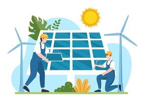 zonne-energie-installatie, paneel- of windturbine-onderhoud met thuisserviceteam voor de werking van het elektriciteitsnetwerk in cartoonillustratie vector