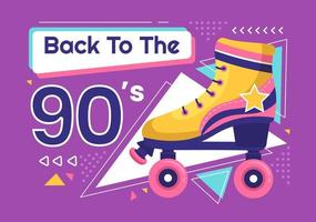 Jaren 90 retro party cartoon achtergrond afbeelding met jaren negentig muziek, sneakers, radio, dans tijd en tape cassette in trendy vlakke stijl ontwerp vector