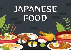 Japans eten cartoon afbeelding met verschillende heerlijke gerechten in het restaurant zoals sushi op een bord, sashimi roll en andere in vlakke stijl vector