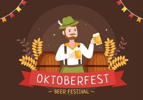 oktoberfest festival cartoon afbeelding met Beiers kostuum met bierpullen tijdens het dansen in traditioneel Duits in vlakke stijl ontwerp vector