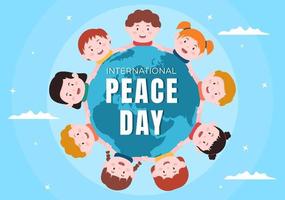 internationale vredesdag cartoon afbeelding met handen, schattige kinderen, globe en blauwe lucht om welvarend te creëren in de wereld in vlakke stijl vector