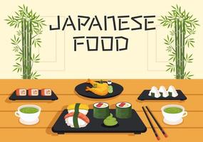 Japans eten cartoon afbeelding met verschillende heerlijke gerechten in het restaurant zoals sushi op een bord, sashimi roll en andere in vlakke stijl vector