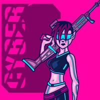 pistool vrouw cyberpunk logo lijn popart portret fictie kleurrijk ontwerp met donkere achtergrond. abstracte vectorillustratie. vector